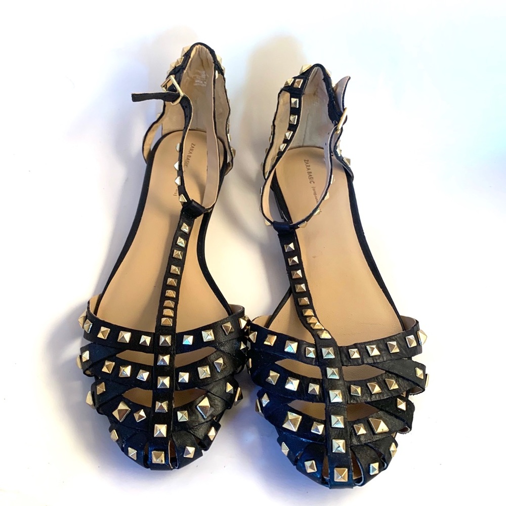 Zara Black Leather Rock Studded Strappy Flats